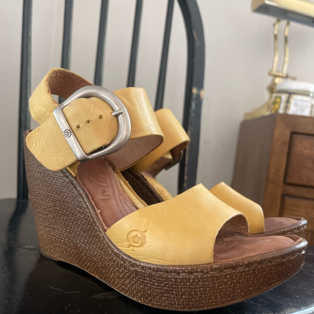 Born Yellow and Brown Wedge Sandals with Ankle Strap